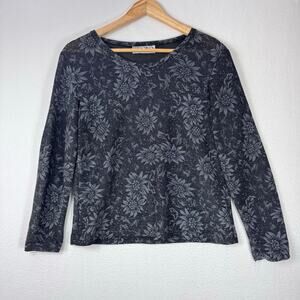 VINTAGE HIROKO Top Womens Black Gray Floral Boat Neck Boho Knit Stretch Popover